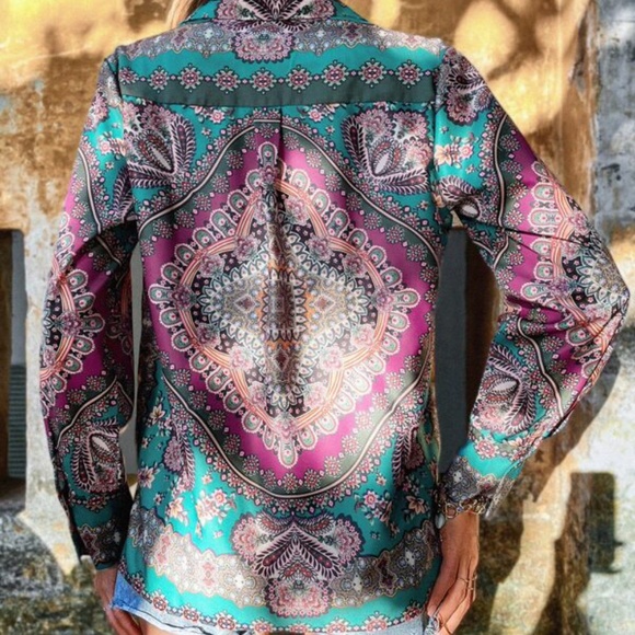 Boho Pink Floral Print Button Up Oversized Blouse Cottage Core - Picture 4 of 5